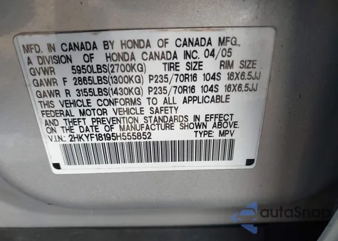 2005 Honda Pilot Lx из США, поврежденный, VIN 2HKYF18195H555852